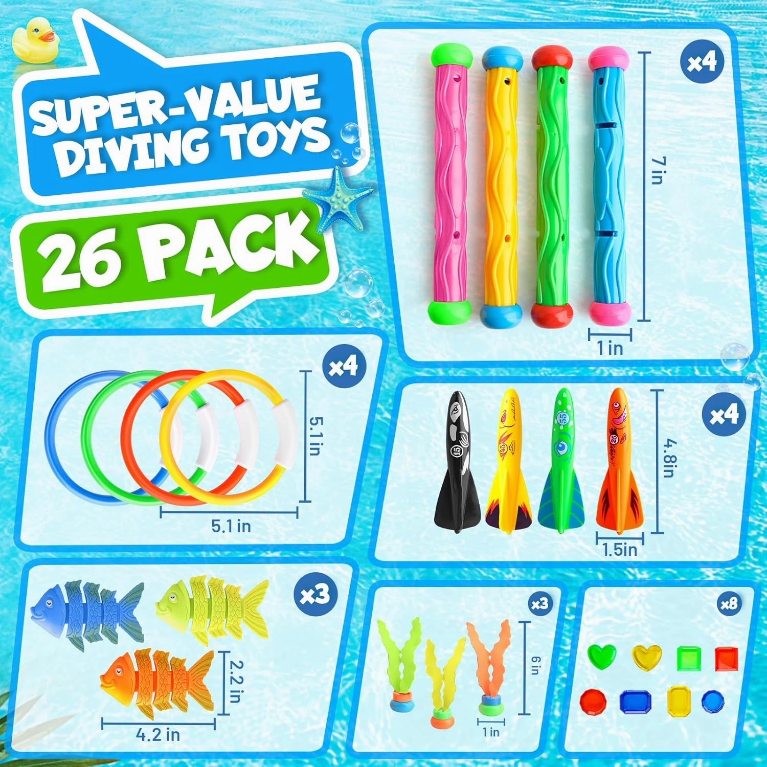 Dive Rings Pool Toys Adults, 26 Pcs Diving Pool Toy for Kids Ages 4-8, Shark Torpedo Dive Set, Octopus Toddler Water Fun Toys, Summer Essentials Underwater Swimming Throwing Gifts for Boys & Girls