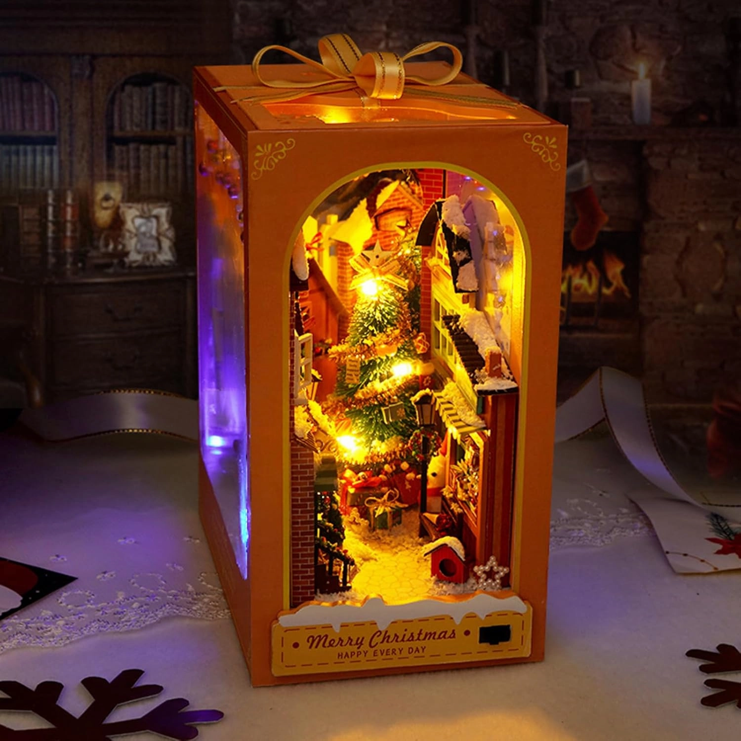 DIY Book Nook Kit - 3D Wooden Puzzle Miniature Dollhouse Kits Bookshelf Insert Decor Bookend Model, Booknook Kit Building Set with LED Light, for Teens Adults (Christmas)