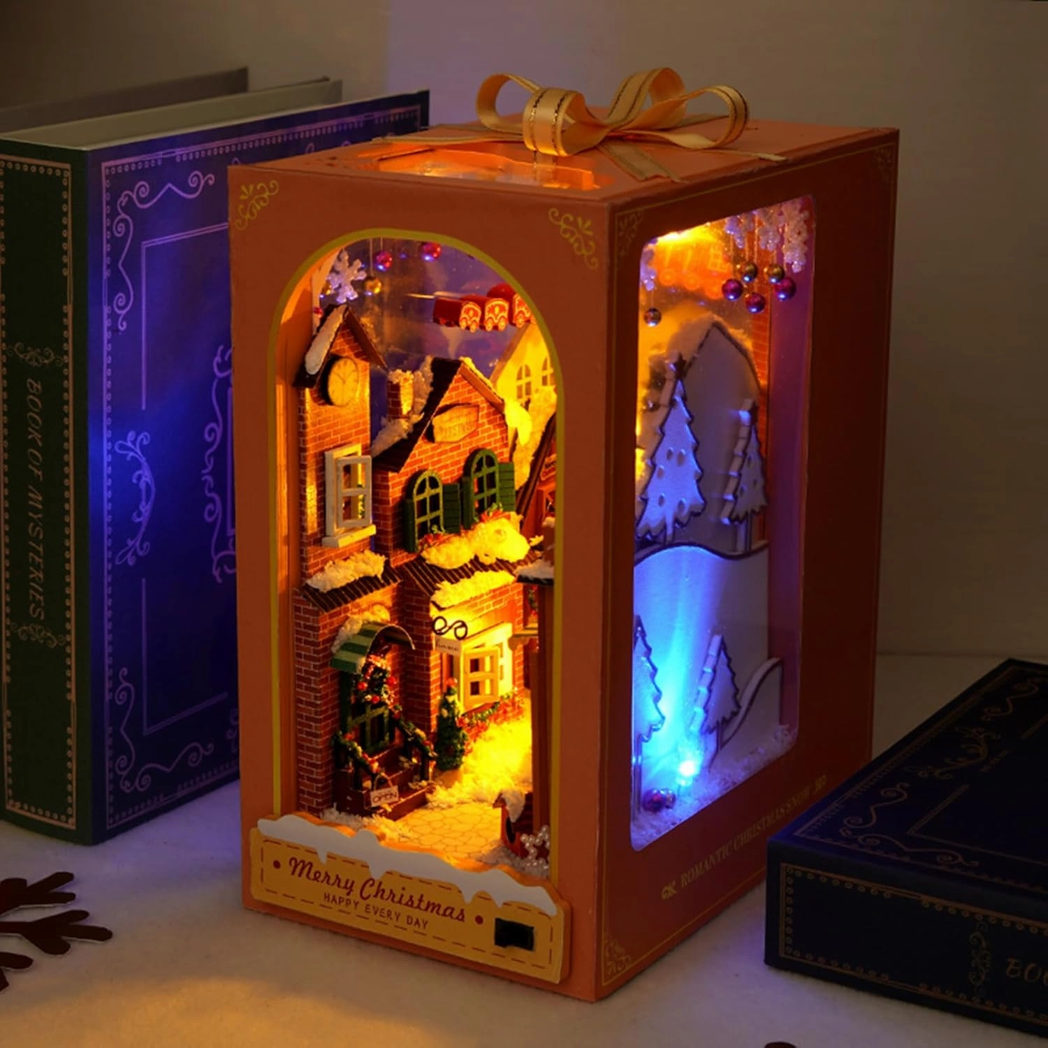 DIY Book Nook Kit - 3D Wooden Puzzle Miniature Dollhouse Kits Bookshelf Insert Decor Bookend Model, Booknook Kit Building Set with LED Light, for Teens Adults (Christmas)