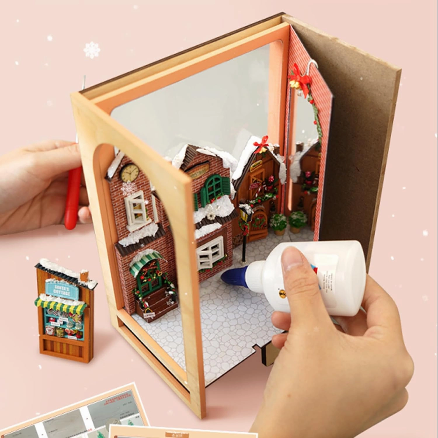 DIY Book Nook Kit - 3D Wooden Puzzle Miniature Dollhouse Kits Bookshelf Insert Decor Bookend Model, Booknook Kit Building Set with LED Light, for Teens Adults (Christmas)