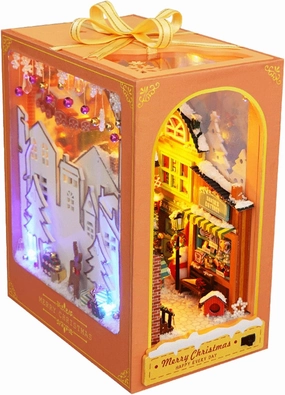DIY Book Nook Kit - 3D Wooden Puzzle Miniature Dollhouse Kits Bookshelf Insert Decor Bookend Model, Booknook Kit Building Set with LED Light, for Teens Adults (Christmas)