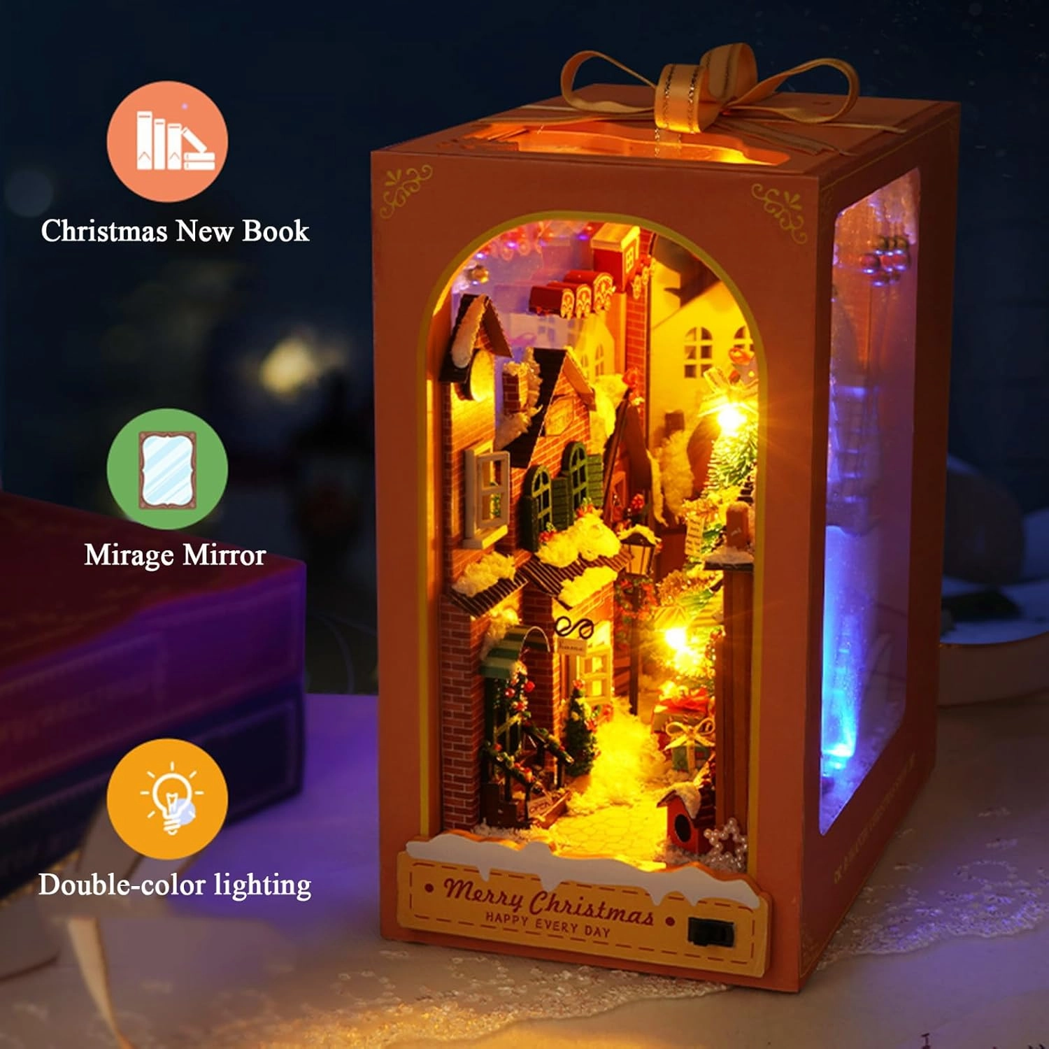 DIY Book Nook Kit - 3D Wooden Puzzle Miniature Dollhouse Kits Bookshelf Insert Decor Bookend Model, Booknook Kit Building Set with LED Light, for Teens Adults (Christmas)