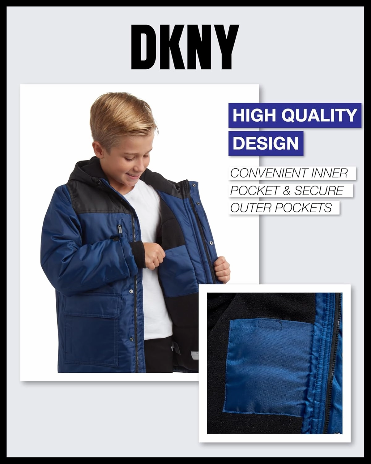 DKNY Boys' Winter Coat - Insulated Heavyweight Parka Weather Resistant Polar Fleece Lined Down Jackets for Boys (Sizes: 8-20)