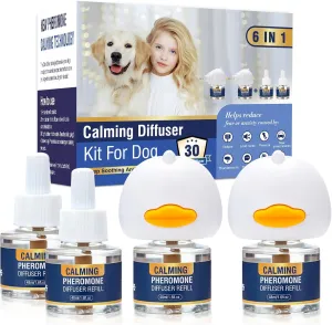Dog Calming Pheromones Diffuser 6 in 1 Kit Appeasing Pheromone Diffuser to Calm (2 Plug in 4 Pack 48ml Refill) for Anxiety Relief Reduce Aggression Fighting Barking Stress 120 Day Supply(Tasteless)