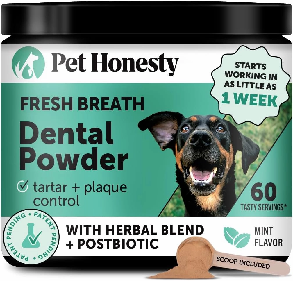 Dog Breath Freshener Dental Powder for Teeth Cleaning Plaque Off, Dental Care for Large Dogs, Tartar Remover for Teeth with Natural Herbal Blend   Postbiotics (Mint - 60 Servings)