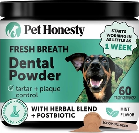 Dog Breath Freshener Dental Powder for Teeth Cleaning Plaque Off, Dental Care for Large Dogs, Tartar Remover for Teeth with Natural Herbal Blend   Postbiotics (Mint - 60 Servings)