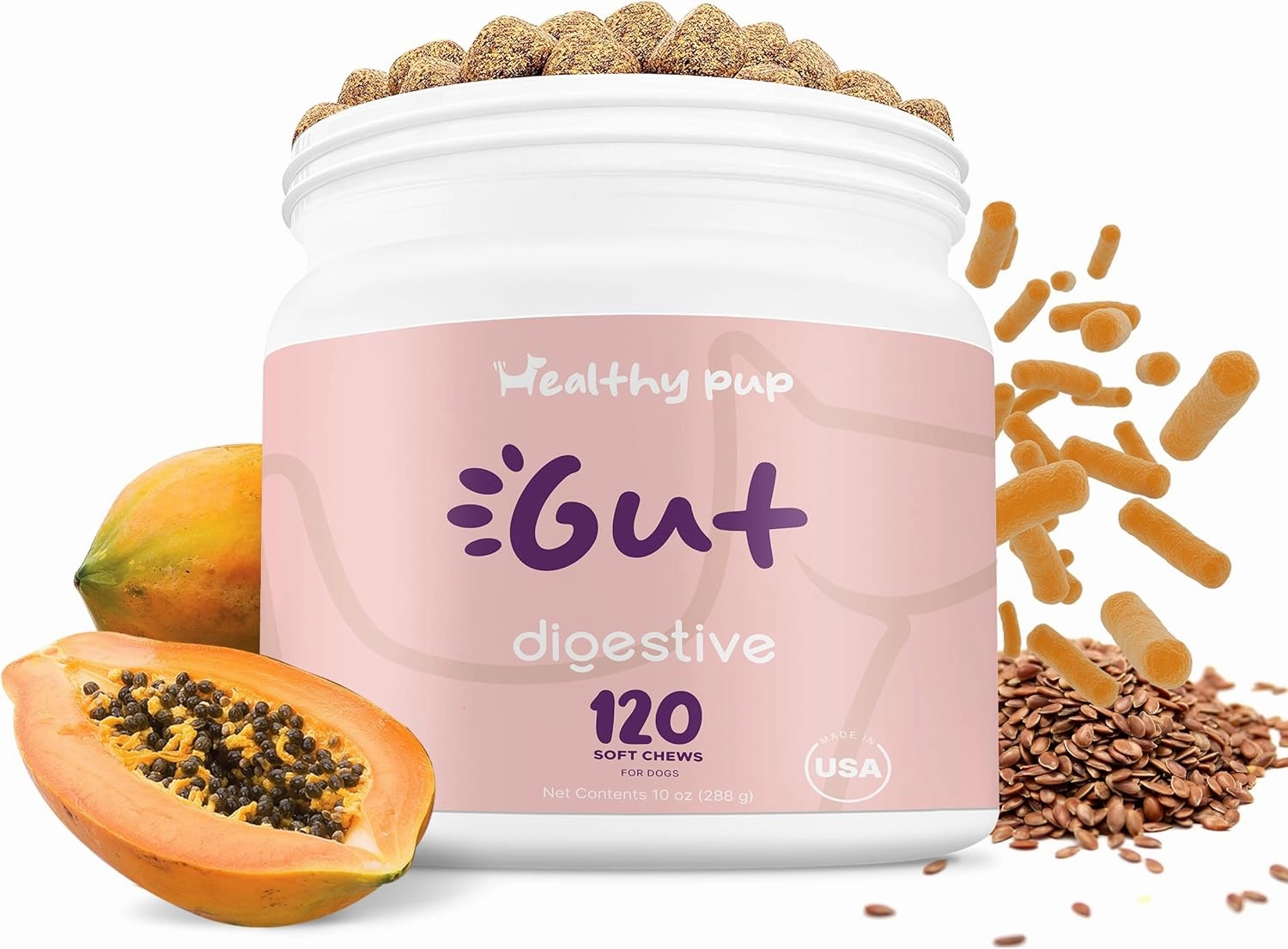 Dog Probiotics and Digestive Enzymes, 120 Delicious Chew Treats for Gut Health, Diarrhea, and Constipation - Hydrolyzes Nutrients for Better Absorption