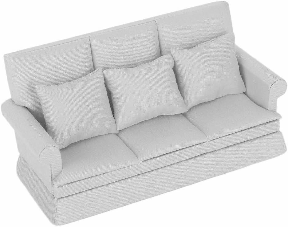 Doll House Sofa, 1:12 Mini Sofa with 3pcs Pillow Living Room Furniture Wooden Doll House Decoration Accessories (Grey)