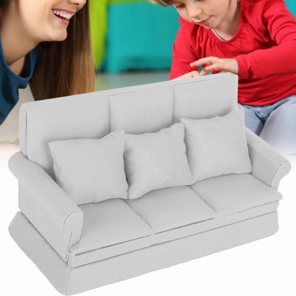 Doll House Sofa, 1:12 Mini Sofa with 3pcs Pillow Living Room Furniture Wooden Doll House Decoration Accessories (Grey)