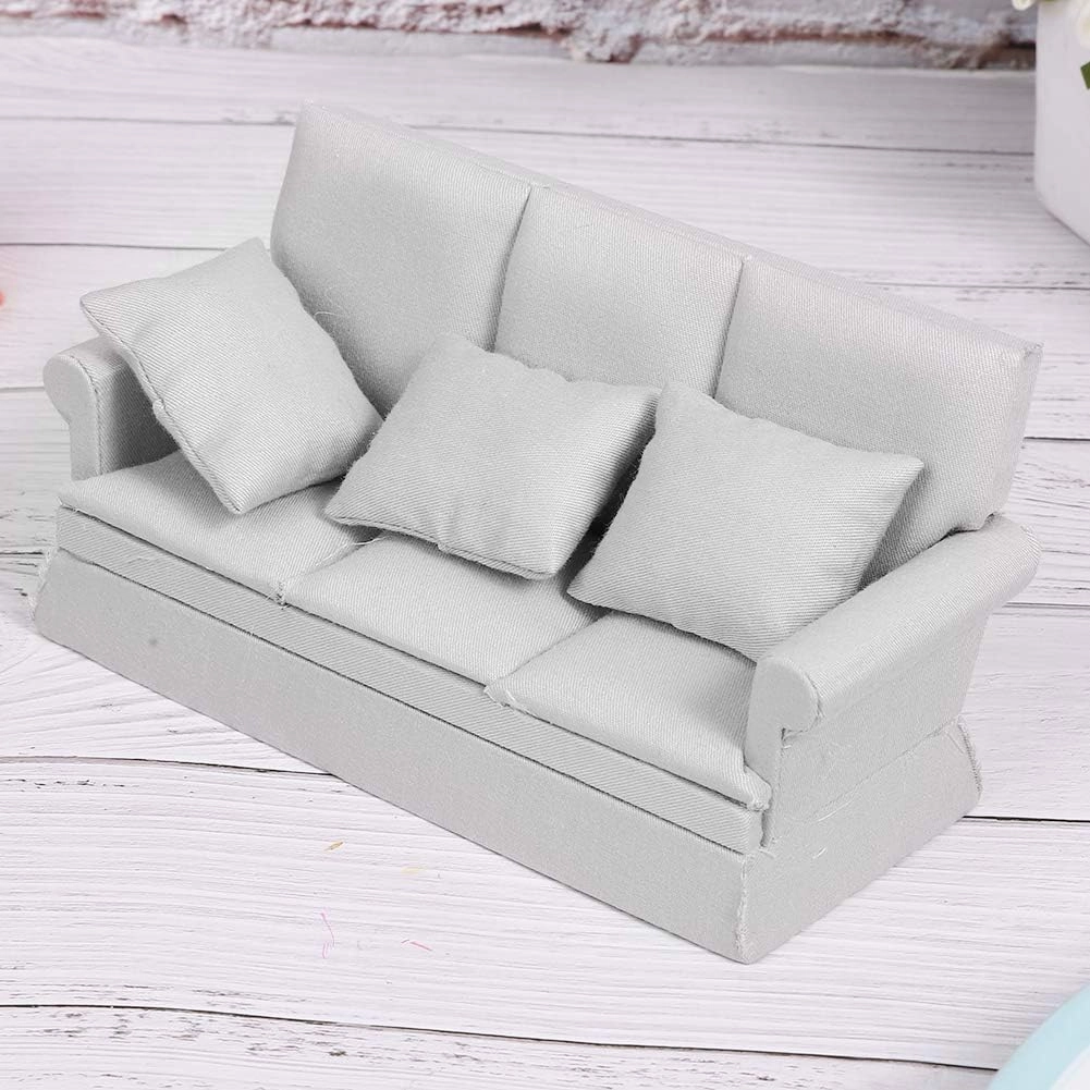 Doll House Sofa, 1:12 Mini Sofa with 3pcs Pillow Living Room Furniture Wooden Doll House Decoration Accessories (Grey)