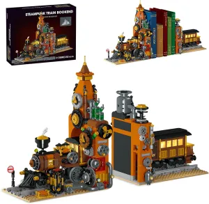 Dollox Steampunk Train Bookend Building Block Set - 1252 PCS Creative Book Nook Kit with LED Light, DIY Bookshelf Insert Blocks Decor Rich Details Collection Model Bricks for Adults Teens Train Lover