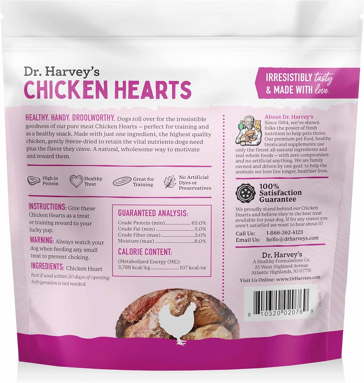 Dr. Harvey's Freeze-Dried Chicken Hearts - Training Dog Treats, Single Ingredient, All-Natural USA Sourced Protein, Allergen-Free - 7 Ounces (Pack of 3)