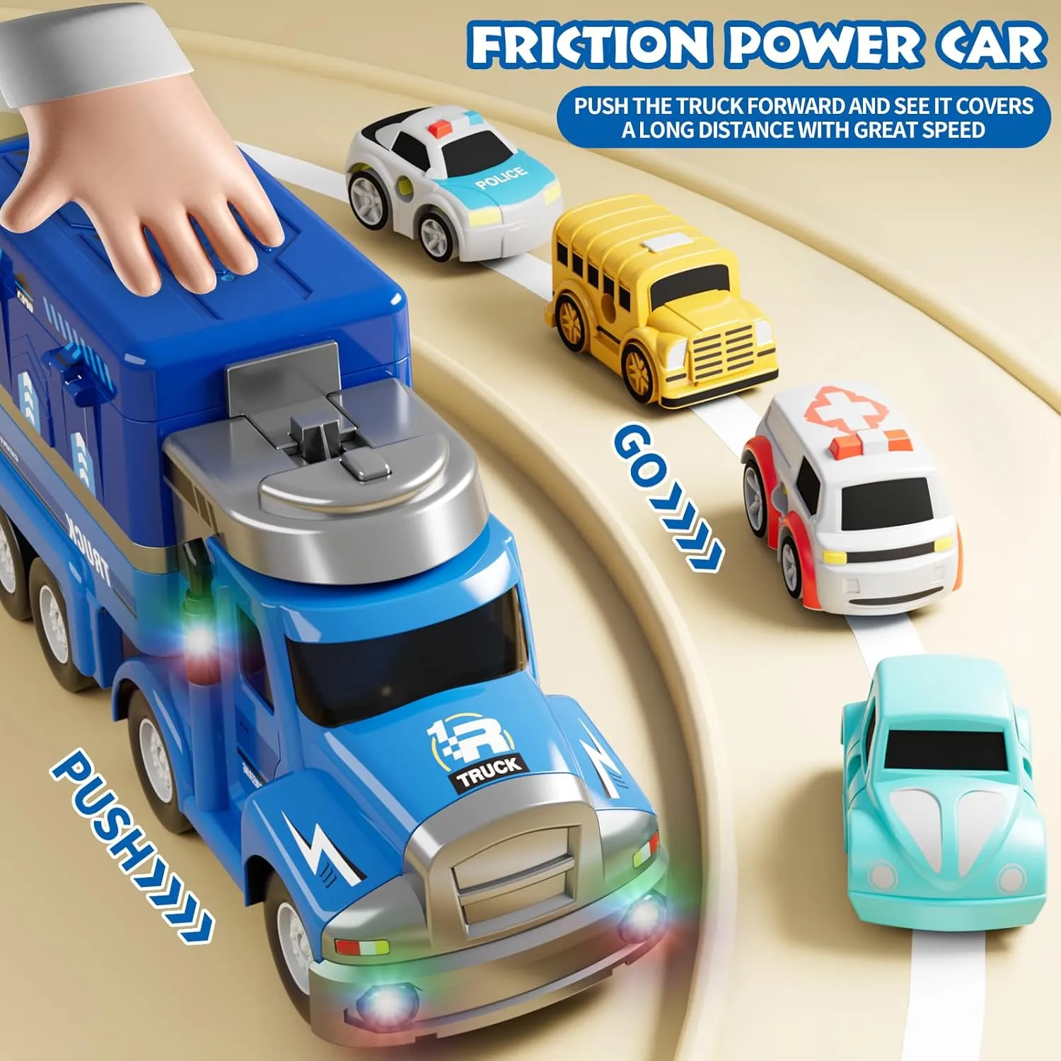 Dwi Dowellin Truck Toys for Boys 3 4 5 6 Years Old, Vehicle Toys for Kids with 4 City Cars and Playmat, Race Track with Light and Music,Christmas Birthday Gift Idea for Kids Ages 3-5 (Blue)