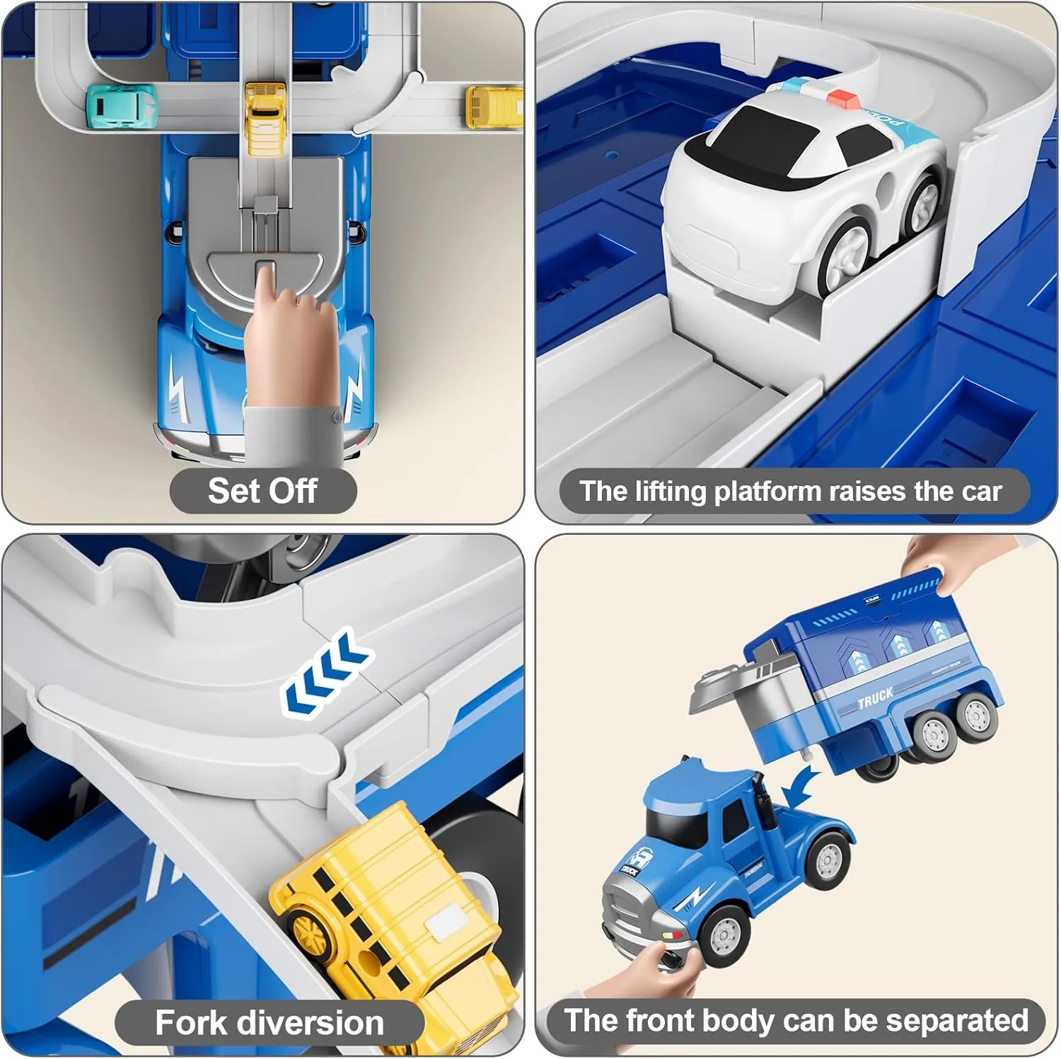 Dwi Dowellin Truck Toys for Boys 3 4 5 6 Years Old, Vehicle Toys for Kids with 4 City Cars and Playmat, Race Track with Light and Music,Christmas Birthday Gift Idea for Kids Ages 3-5 (Blue)