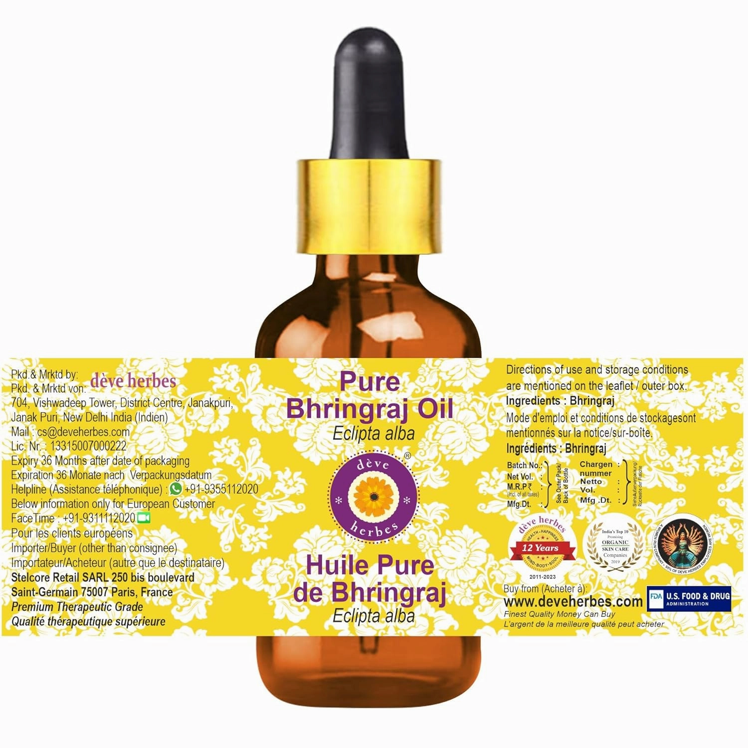 dève herbes Bhringraj Oil (Eclipta alba) with Glass Dropper | Infused | Pure | Non-Sticky | Lightweight | For Facial Care | Men & Women | 100ml (3.38 oz)