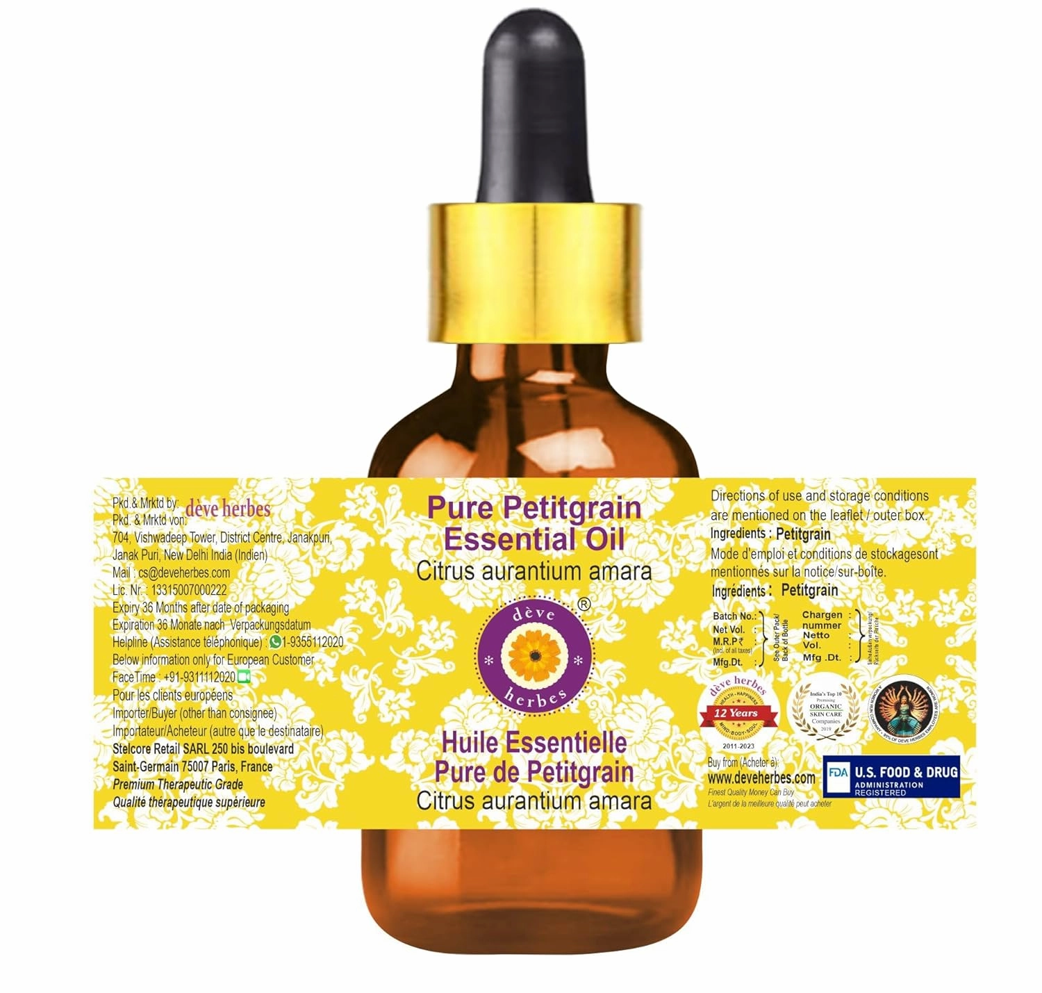 dève herbes Petitgrain Essential Oil (Citrus aurantium Amara) with Glass Dropper | Pure | Non-Sticky | Non-Greasy | Lightweight | Men & Women | All Skin Types | Steam Distilled 100ml (3.38 oz)