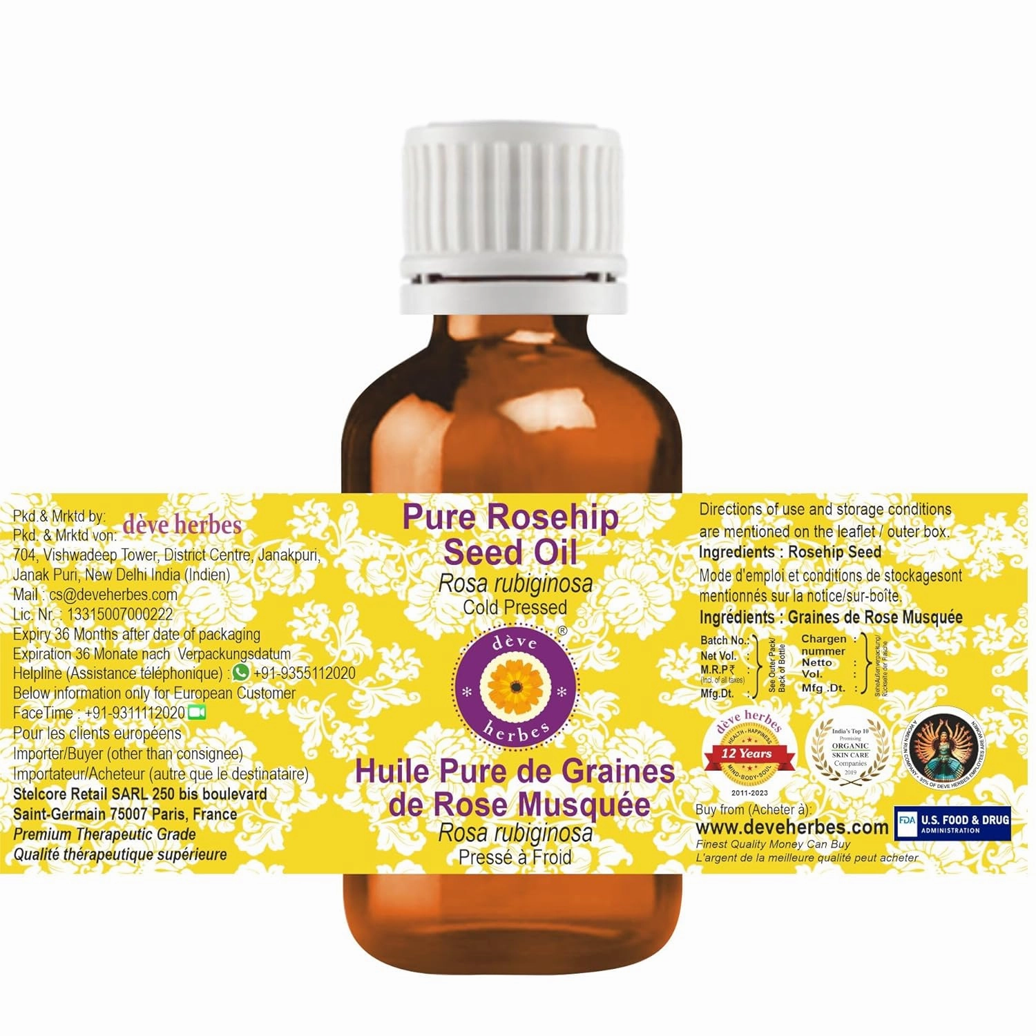 dève herbes Pure Rosehip Oil (Rosa rubiginosa) Cold Pressed 100ml (3.38oz)