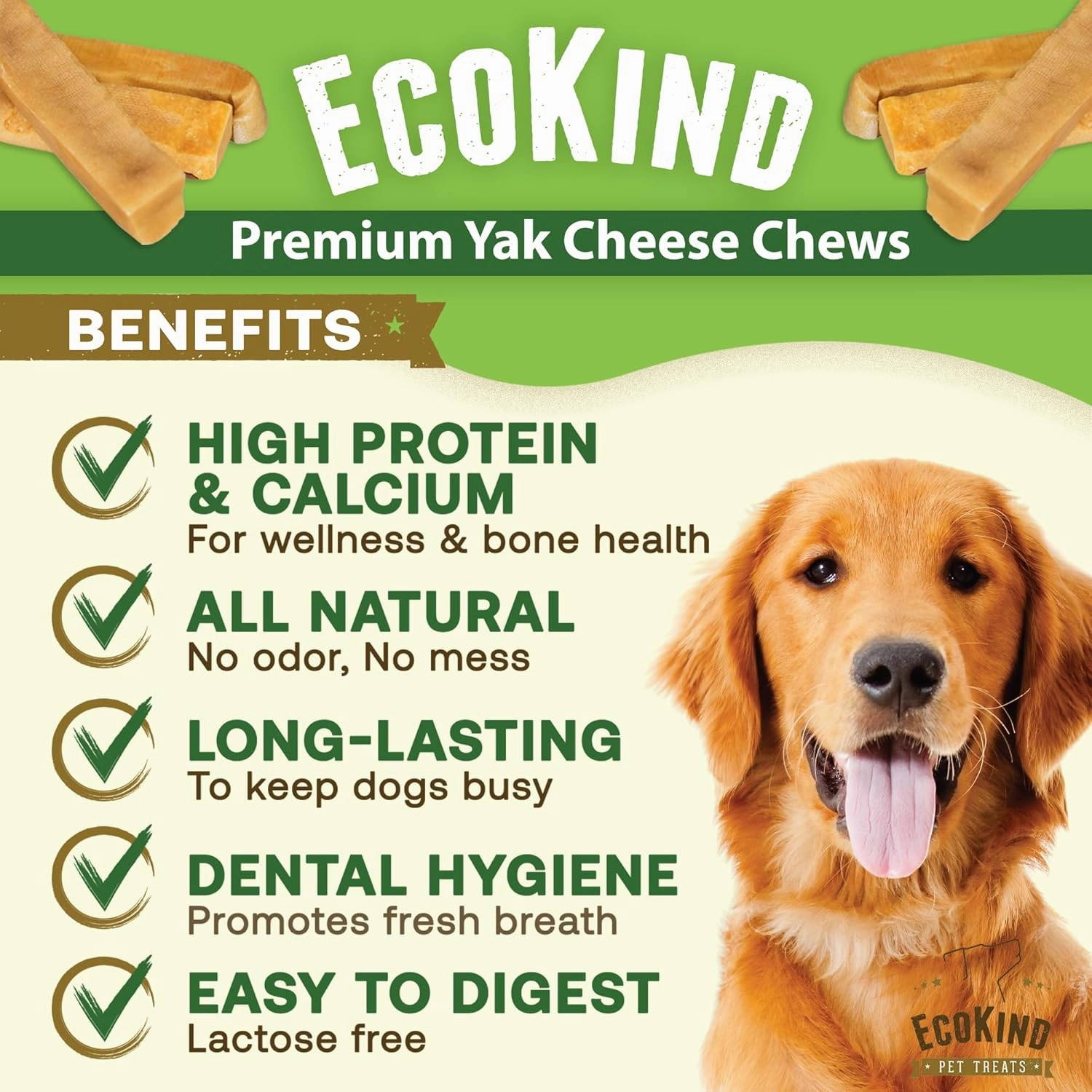 EcoKind Premium Gold Yak Cheese Himalayan Dog Chews, Dog Treats Large Breed, All Natural, High Protein Dog Chew, Cheese, Large - 12  Chews (3 lbs)