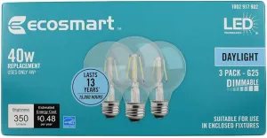 EcoSmart 40-Watt Equivalent G25 Globe Dimmable Energy Star Clear Glass Filament Vintage Style LED Light Bulb Daylight (3-Pack)