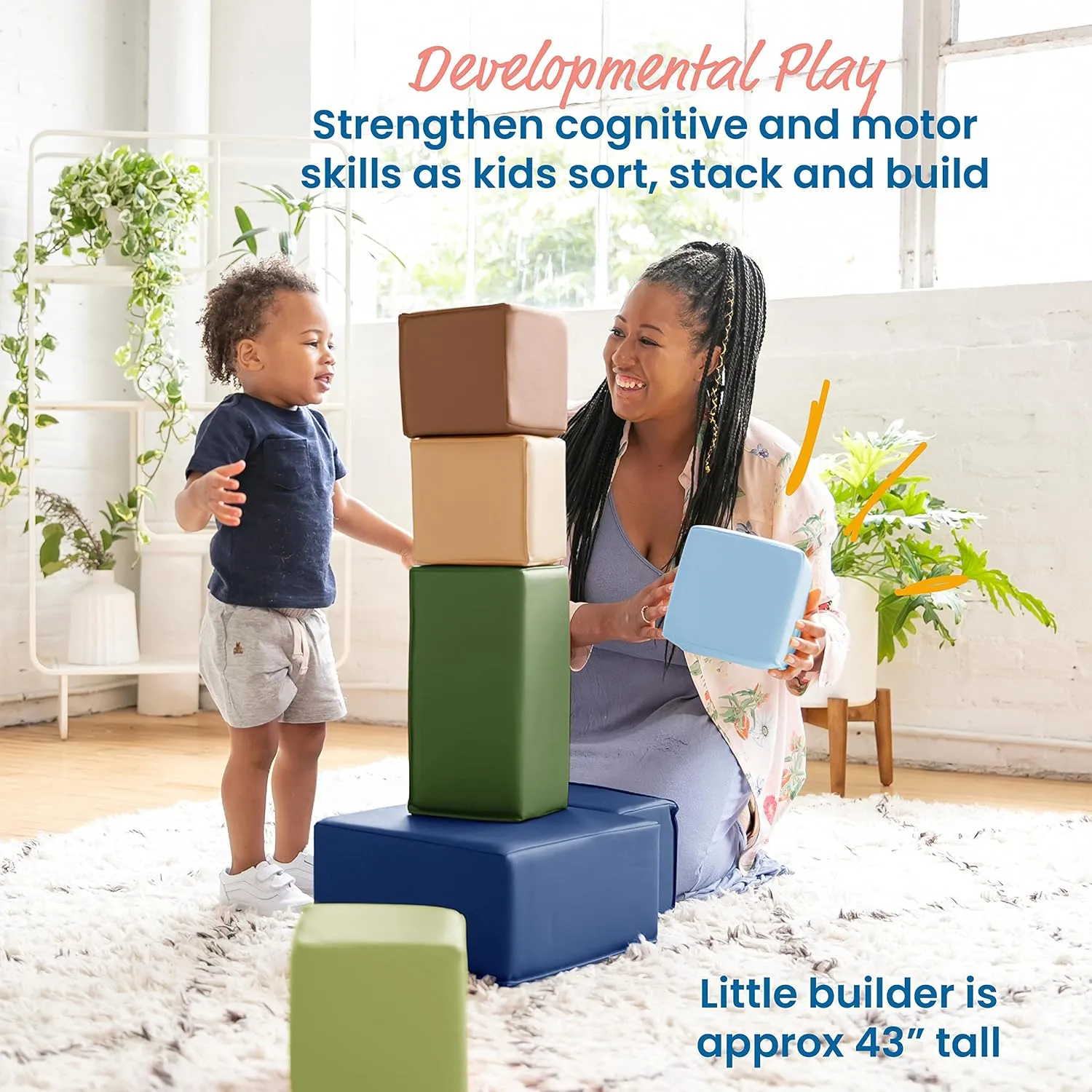 ECR4Kids SoftZone Big Foam Building Blocks, Soft Playset, Earthtone, 7-Piece