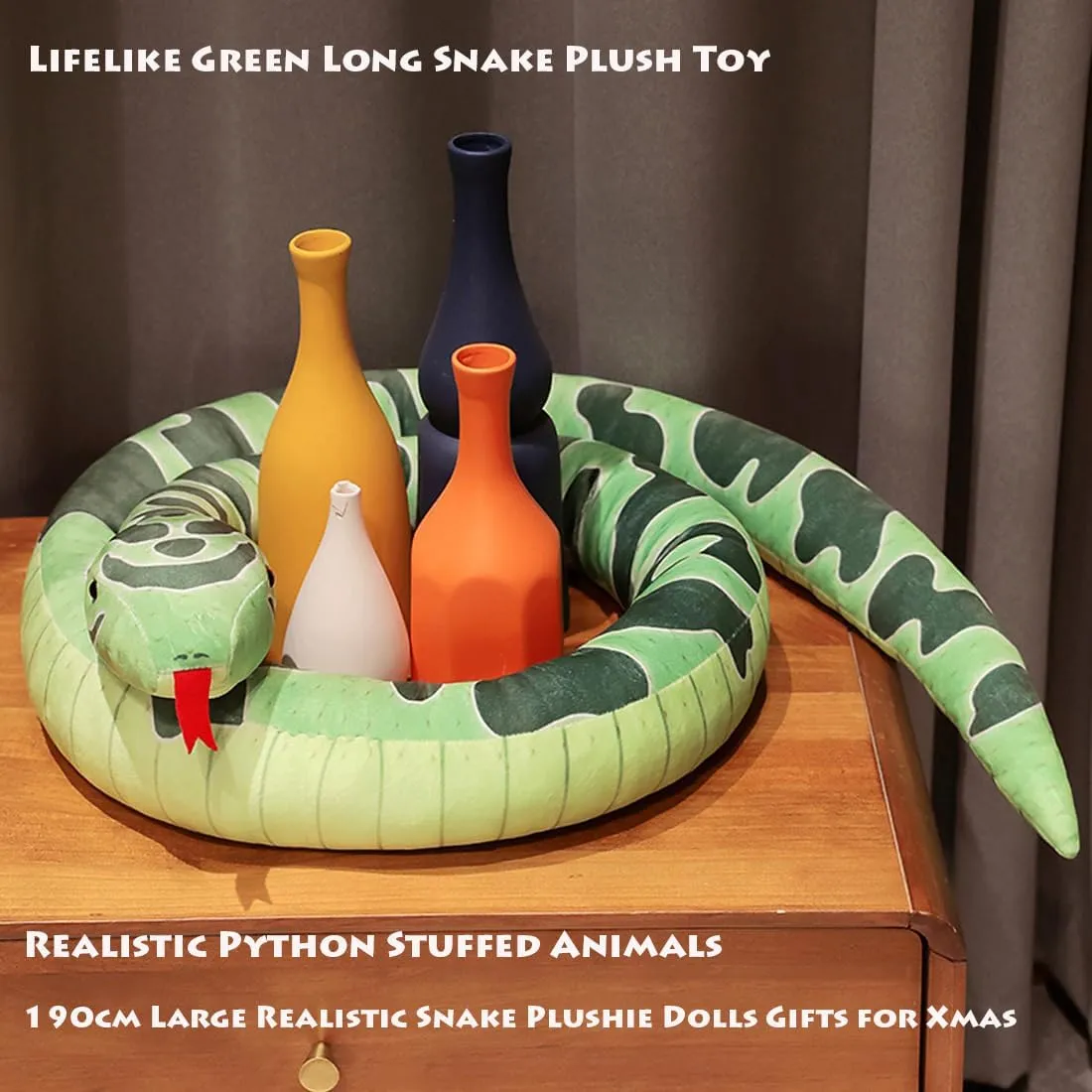 ELAINREN Super Realistic Green Python Stuffed Toy 190cm Long Snake Plush Wild Animls Lifelike Snake Plushie Soft Doll Gifts