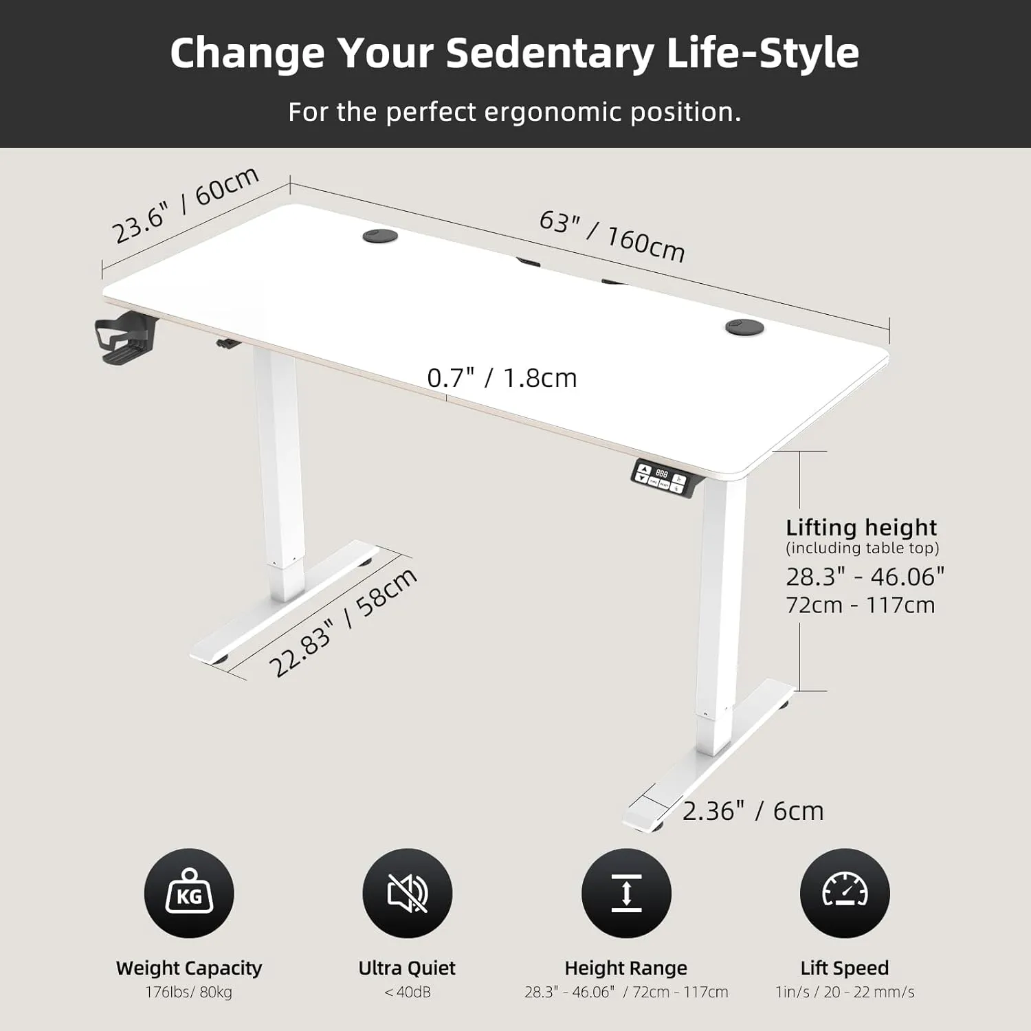 Electronic Standing Desk Height Adjustable Desk for Home Office White (48 Inch)