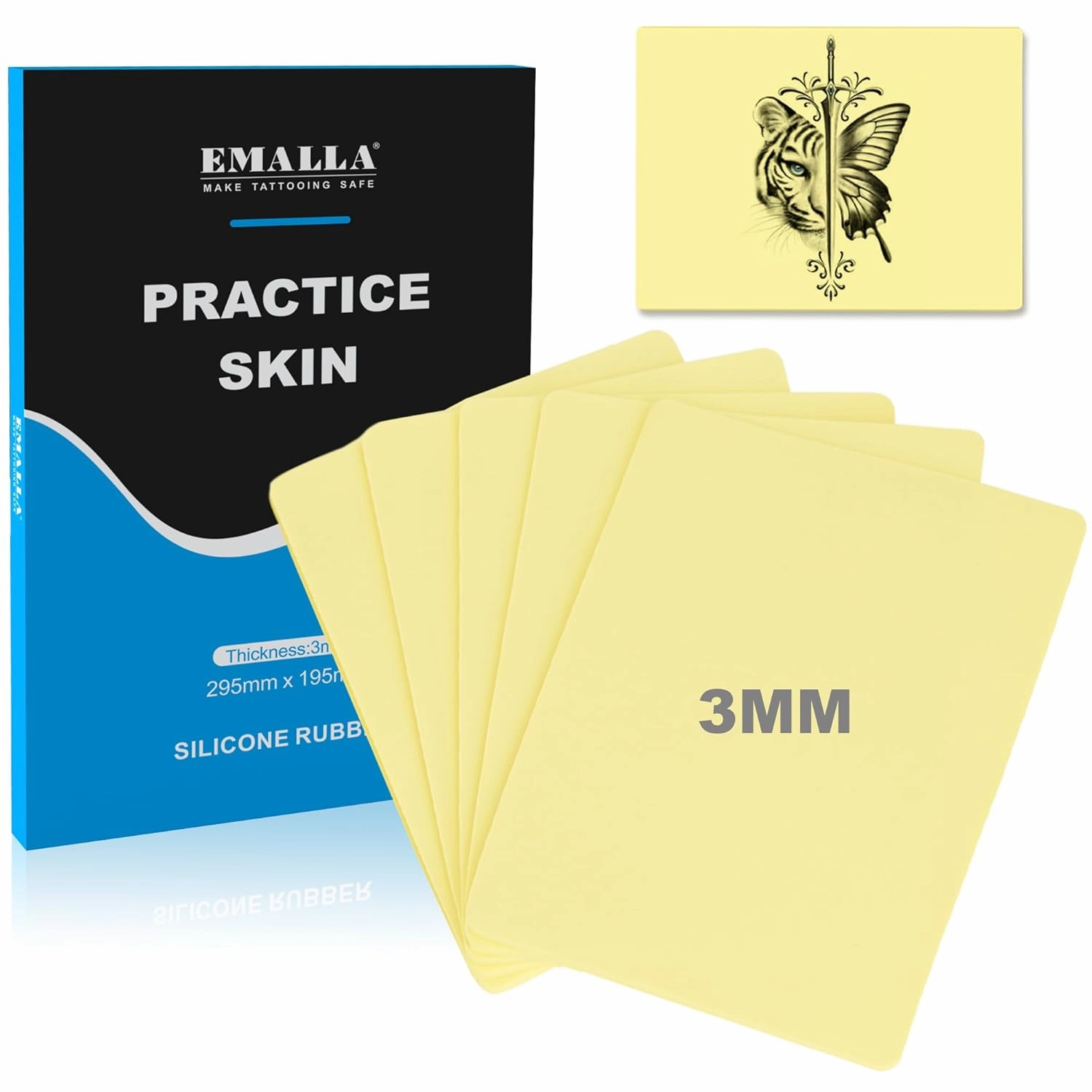 Emalla 3mm Premium Tattoo Skin, 5Pcs Large Practice Skin Soft Silicone 12"x8" Double-Sided Use Fake Skin for Artists and Beginners Tattoo Supplies