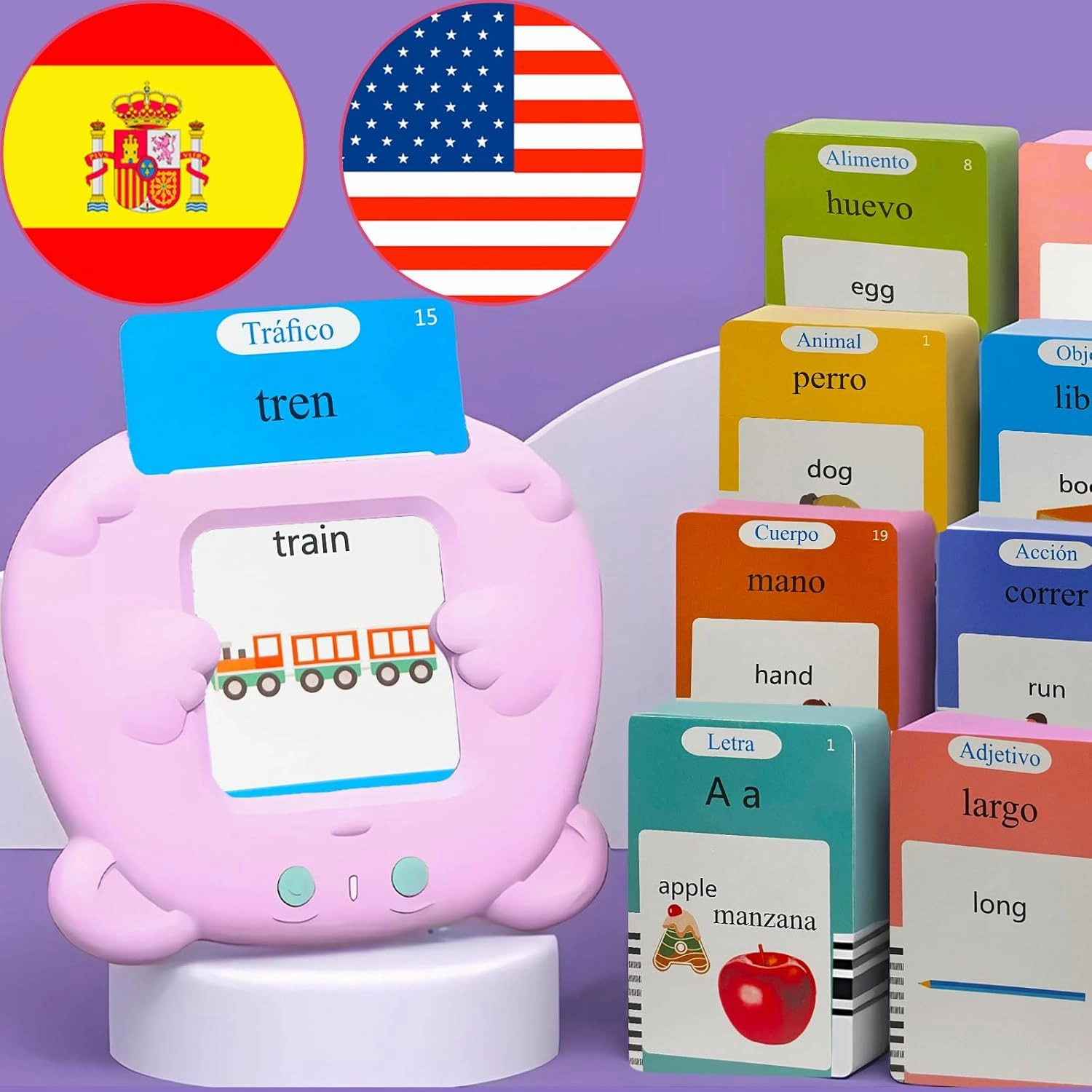 English & Spanish Talking Flash Cards for Kids - Bilingual Pocket Speech for Toddlers 3-12, 510 Sight Words of 31 Themes, Autism Sensory Toys, Tarjetas Parlantes Bilingües Espanol (Pink)