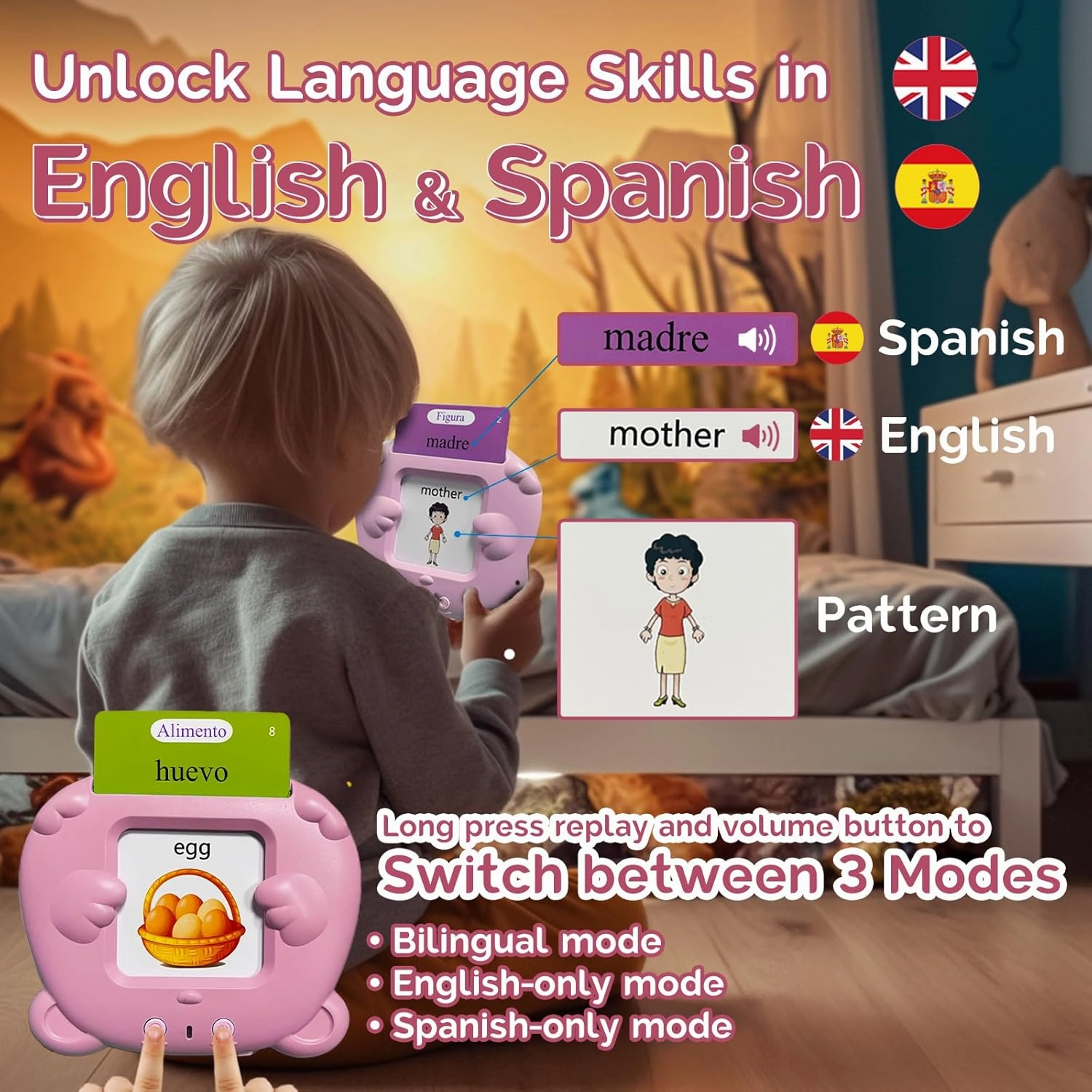 English & Spanish Talking Flash Cards for Kids - Bilingual Pocket Speech for Toddlers 3-12, 510 Sight Words of 31 Themes, Autism Sensory Toys, Tarjetas Parlantes Bilingües Espanol (Pink)