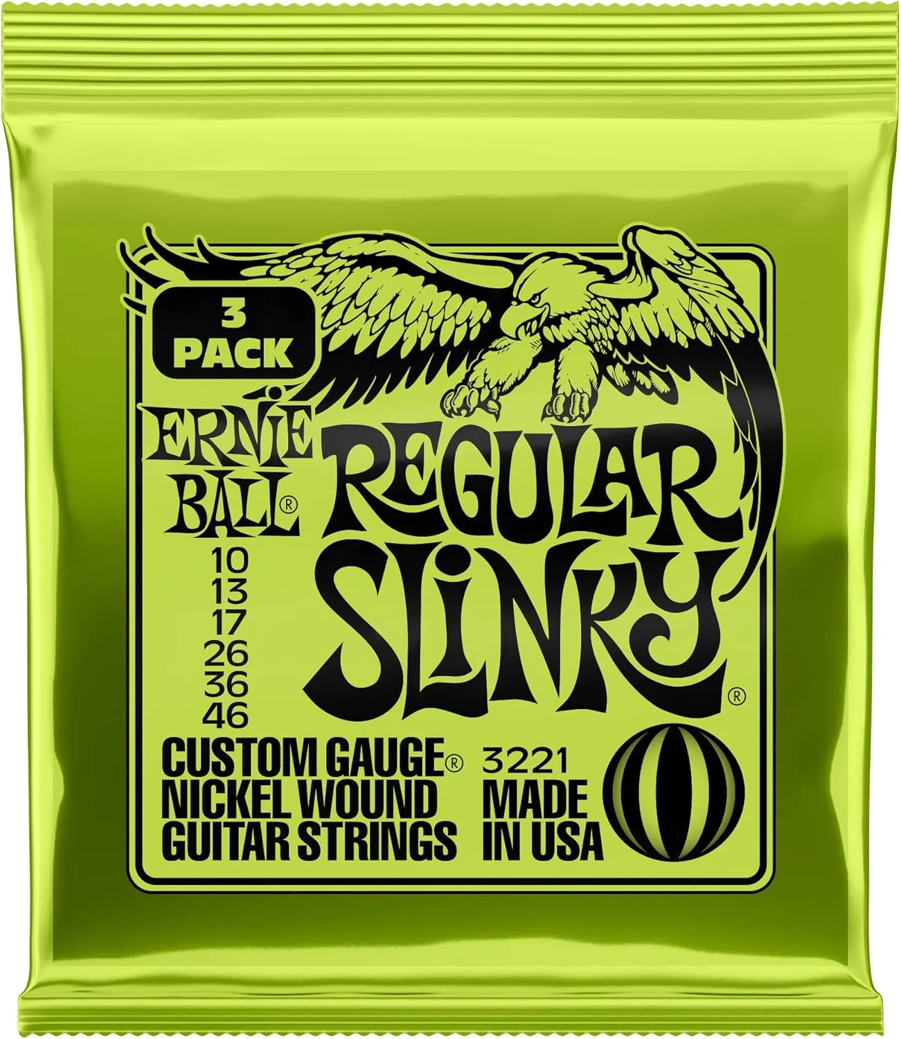 Ernie Ball Regular Slinky Nickel Wound Electric Guitar Strings 3-pack, 10-46 Gauge (P03221)