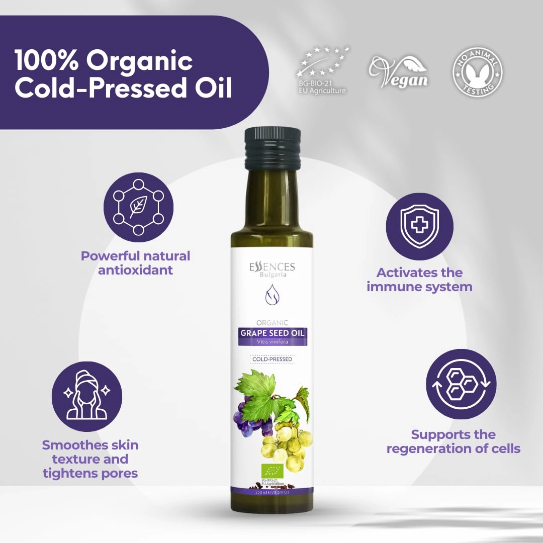 Essences Bulgaria Organic Grape Seed Oil 8.5 Fl Oz | 250ml | 100% Natural Cold-Pressed Oil | Extra Premium Quality | Excellent Taste | Dips | Salads | No Additives or Preservatives | Non-GMO | Vegan