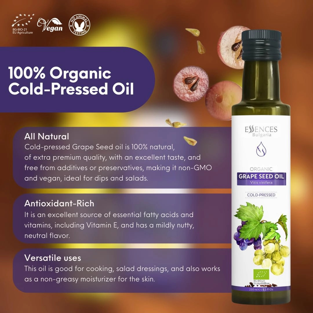 Essences Bulgaria Organic Grape Seed Oil 8.5 Fl Oz | 250ml | 100% Natural Cold-Pressed Oil | Extra Premium Quality | Excellent Taste | Dips | Salads | No Additives or Preservatives | Non-GMO | Vegan