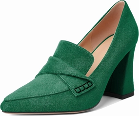 Esvowido Women's High Heel Loafers Block Chunky Heels Slip on Pumps Closed Pointed Toe Comfortable Dress Shoes for Work Office 3.5 Inch