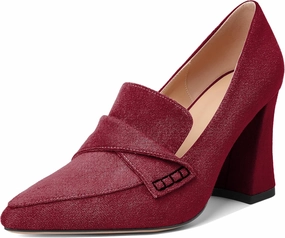 Esvowido Women's High Heel Loafers Block Chunky Heels Slip on Pumps Closed Pointed Toe Comfortable Dress Shoes for Work Office 3.5 Inch