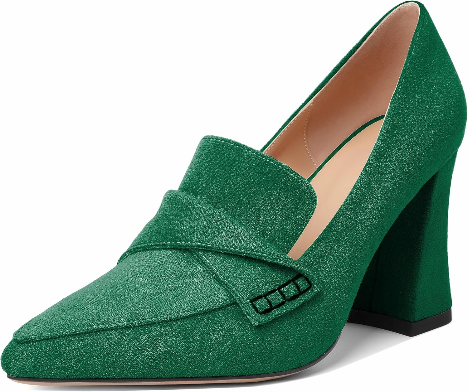 Esvowido Women's High Heel Loafers Block Chunky Heels Slip on Pumps Closed Pointed Toe Comfortable Dress Shoes for Work Office 3.5 Inch