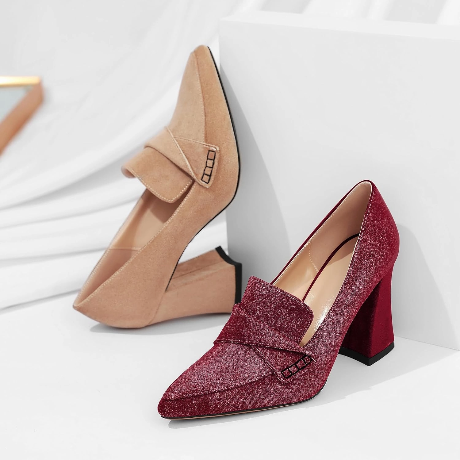 Esvowido Women's High Heel Loafers Block Chunky Heels Slip on Pumps Closed Pointed Toe Comfortable Dress Shoes for Work Office 3.5 Inch