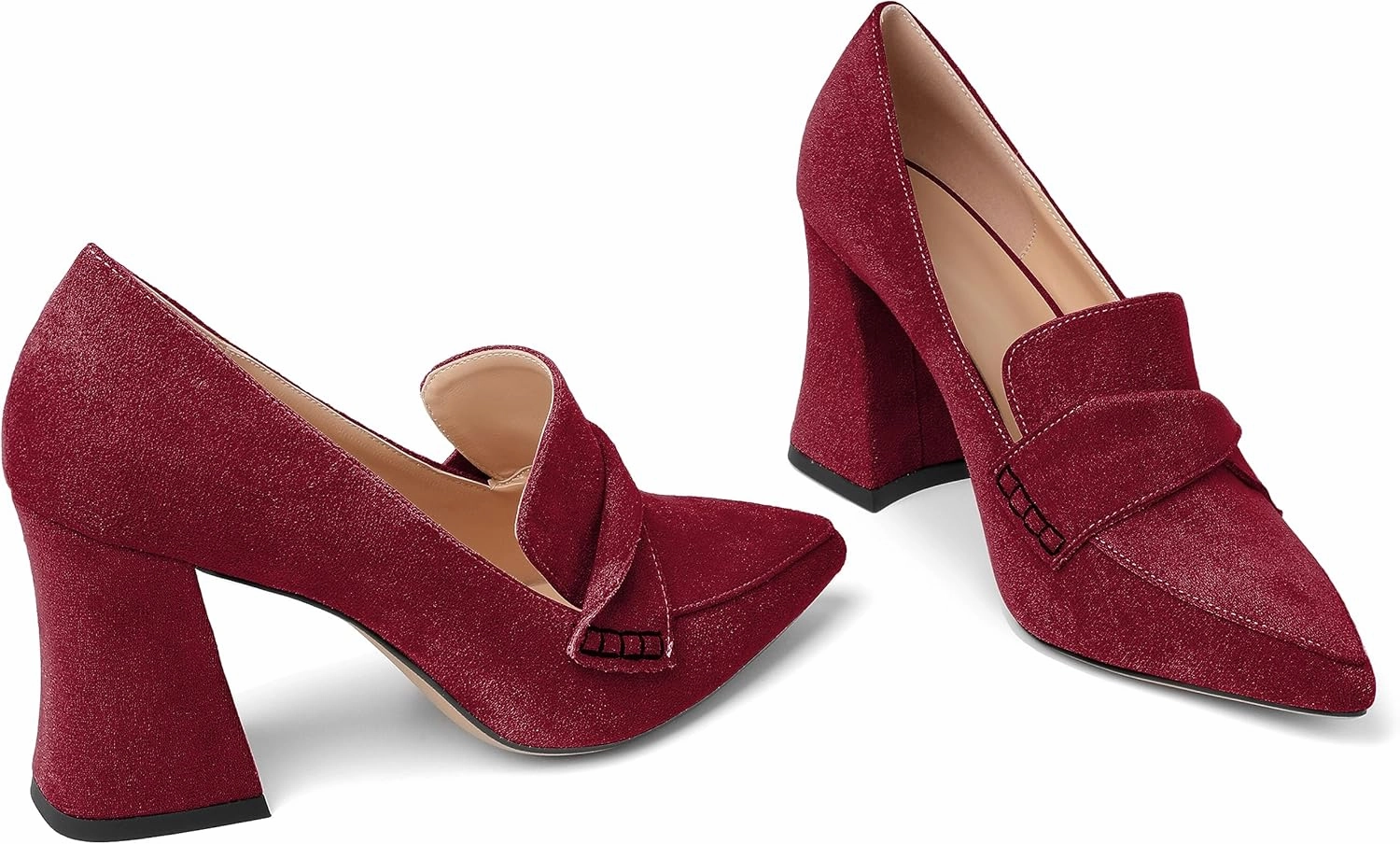 Esvowido Women's High Heel Loafers Block Chunky Heels Slip on Pumps Closed Pointed Toe Comfortable Dress Shoes for Work Office 3.5 Inch