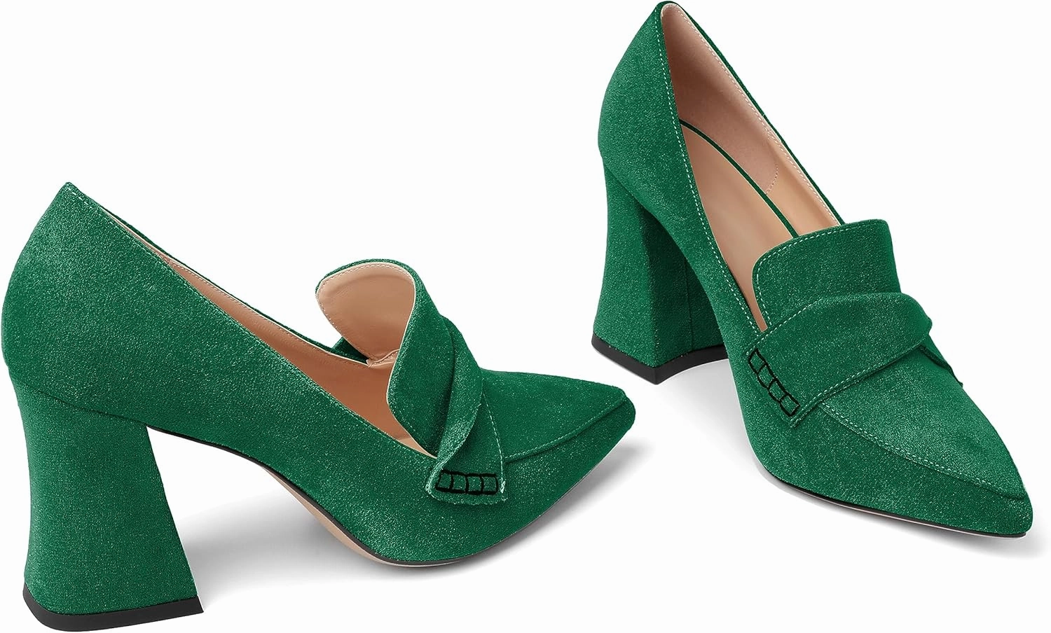 Esvowido Women's High Heel Loafers Block Chunky Heels Slip on Pumps Closed Pointed Toe Comfortable Dress Shoes for Work Office 3.5 Inch