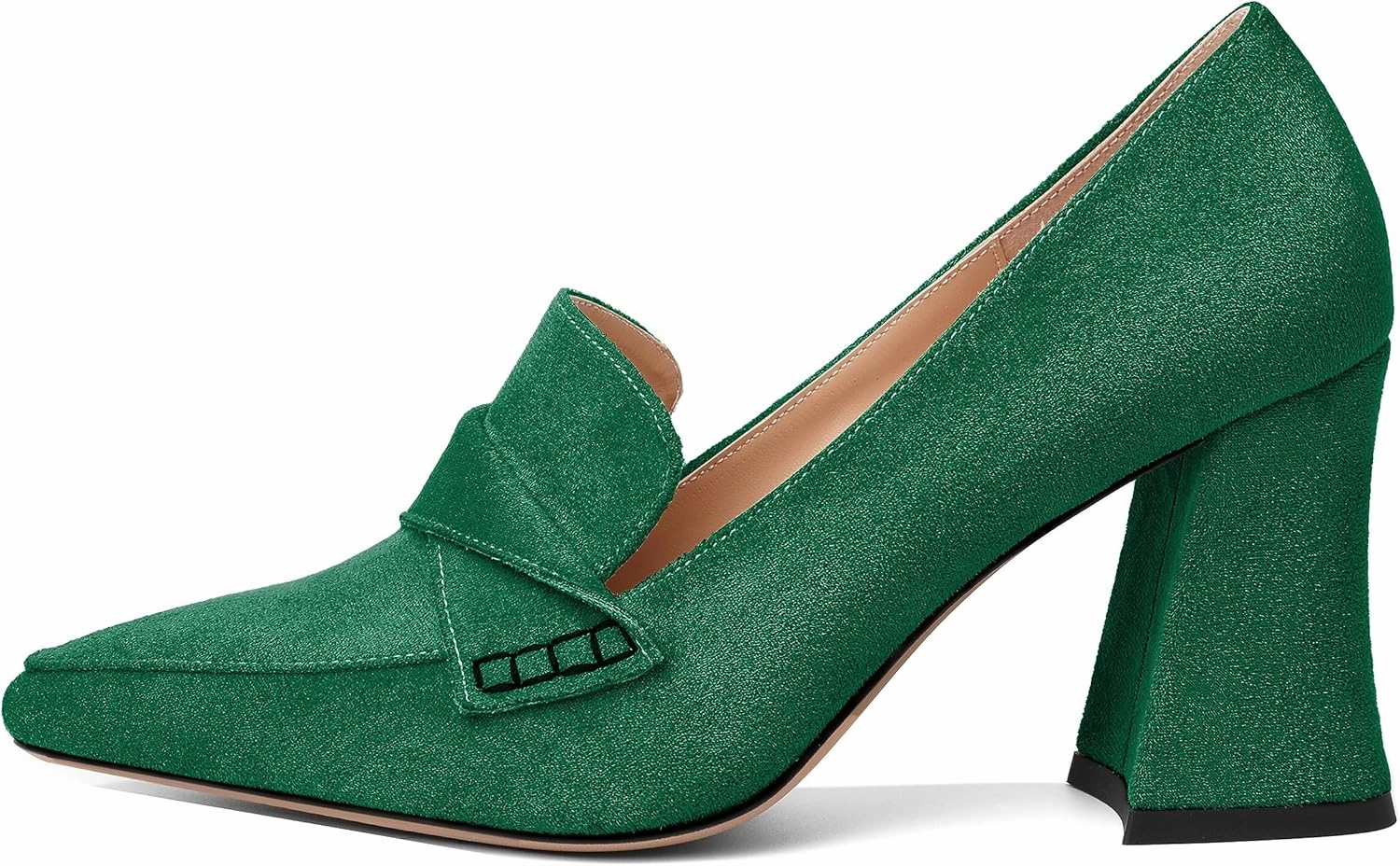 Esvowido Women's High Heel Loafers Block Chunky Heels Slip on Pumps Closed Pointed Toe Comfortable Dress Shoes for Work Office 3.5 Inch