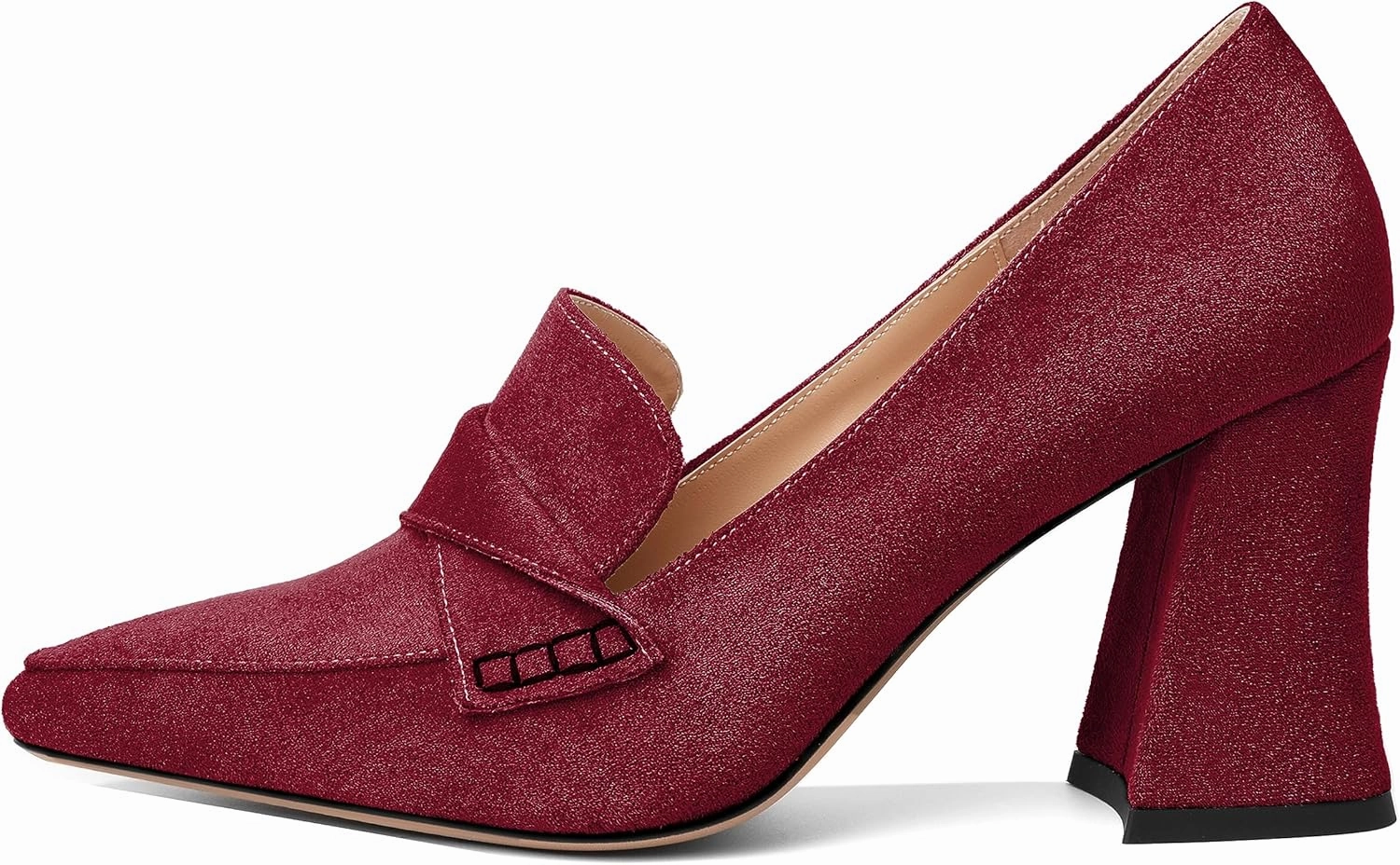 Esvowido Women's High Heel Loafers Block Chunky Heels Slip on Pumps Closed Pointed Toe Comfortable Dress Shoes for Work Office 3.5 Inch