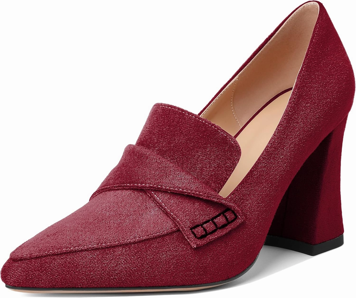 Esvowido Women's High Heel Loafers Block Chunky Heels Slip on Pumps Closed Pointed Toe Comfortable Dress Shoes for Work Office 3.5 Inch