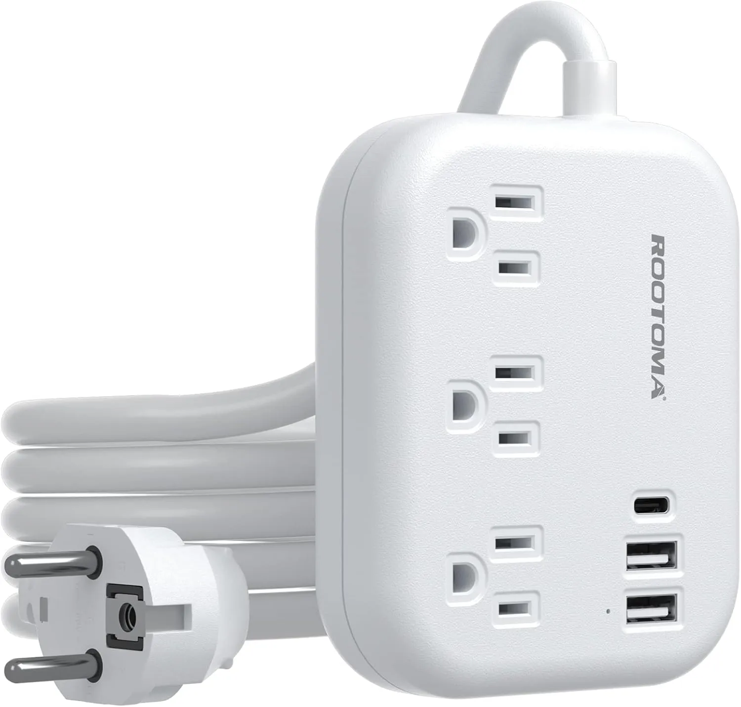 European Travel Plug Adapter, ROOTOMA 6ft International Power Strip 3 American Outlets, 3 USB Charger, US to Europe Plug Aadaptor, US to EU Power Adapter, for Spain France Germany Iceland, White