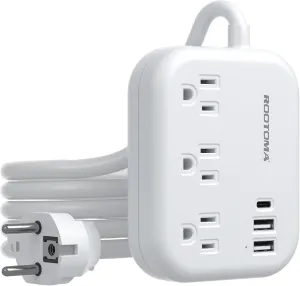 European Travel Plug Adapter, ROOTOMA 6ft International Power Strip 3 American Outlets, 3 USB Charger, US to Europe Plug Aadaptor, US to EU Power Adapter, for Spain France Germany Iceland, White