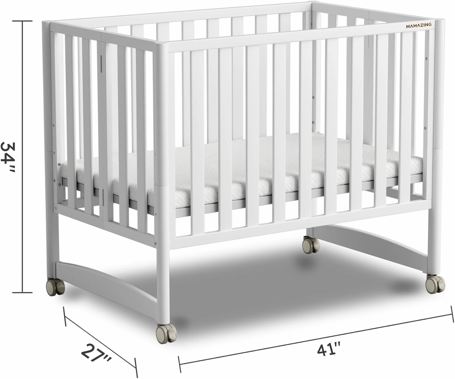 EvoNook 6-in-1 Convertible Mini Crib - Easy Assembly, Portable Folding Baby Mini Crib with Wheels, 100% New Zealand Pinewood, 4 Adjustable Mattress Heights, White with Wheel