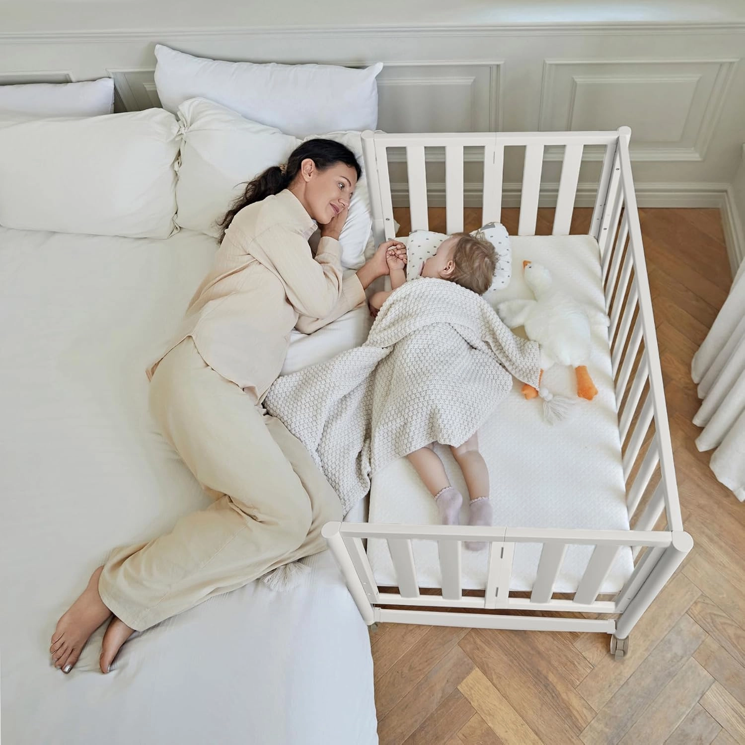 EvoNook 6-in-1 Convertible Mini Crib - Easy Assembly, Portable Folding Baby Mini Crib with Wheels, 100% New Zealand Pinewood, 4 Adjustable Mattress Heights, White with Wheel