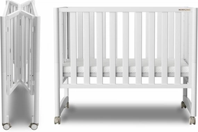 EvoNook 6-in-1 Convertible Mini Crib - Easy Assembly, Portable Folding Baby Mini Crib with Wheels, 100% New Zealand Pinewood, 4 Adjustable Mattress Heights, White with Wheel