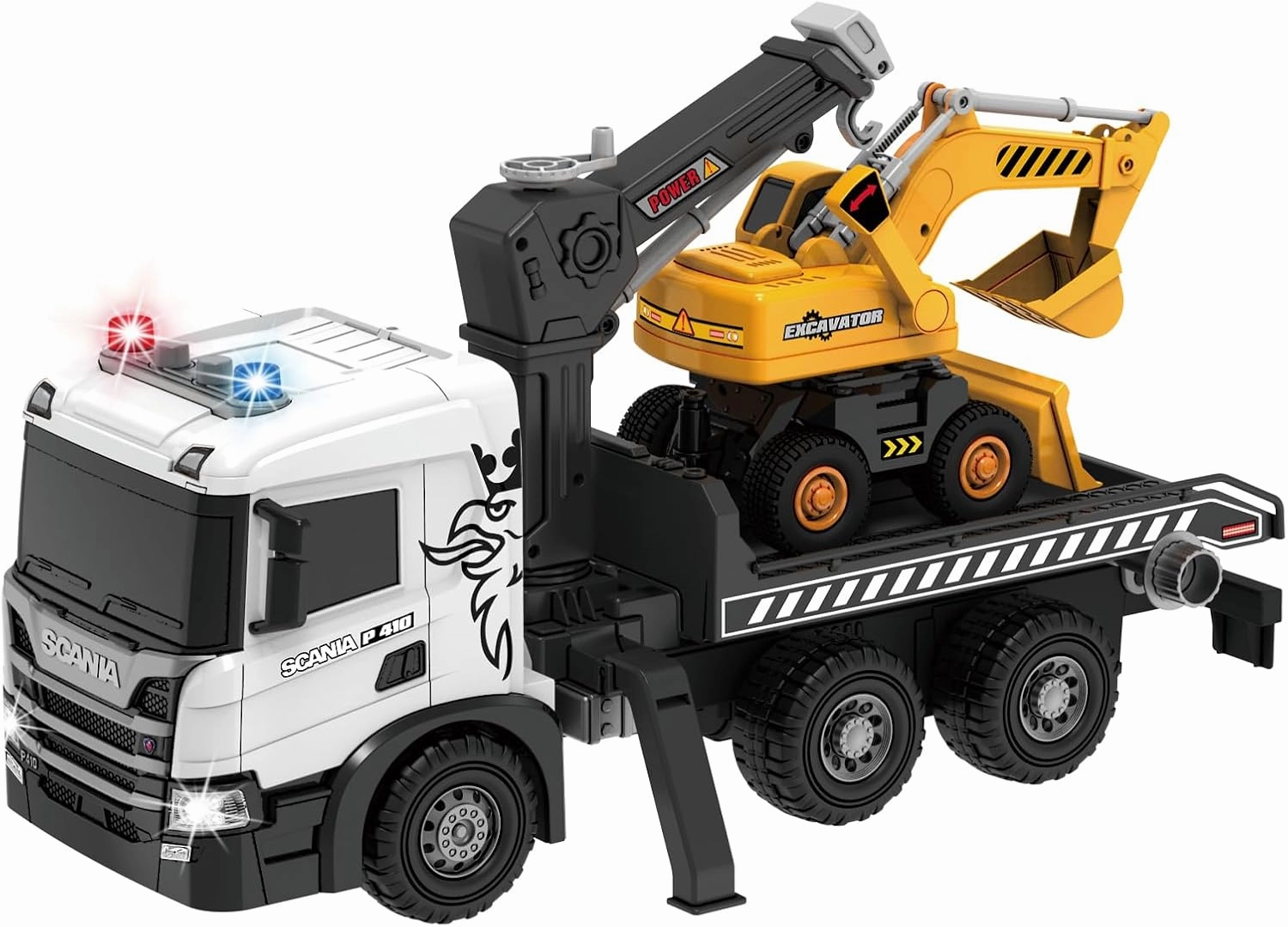 Extra Large Tow Truck Toy, Scania 19“ Friction Powered Transport Truck Crane Vehicle Toy with Excavator Toy, Lights and Sounds, Gifts for Toddler Boys Girls