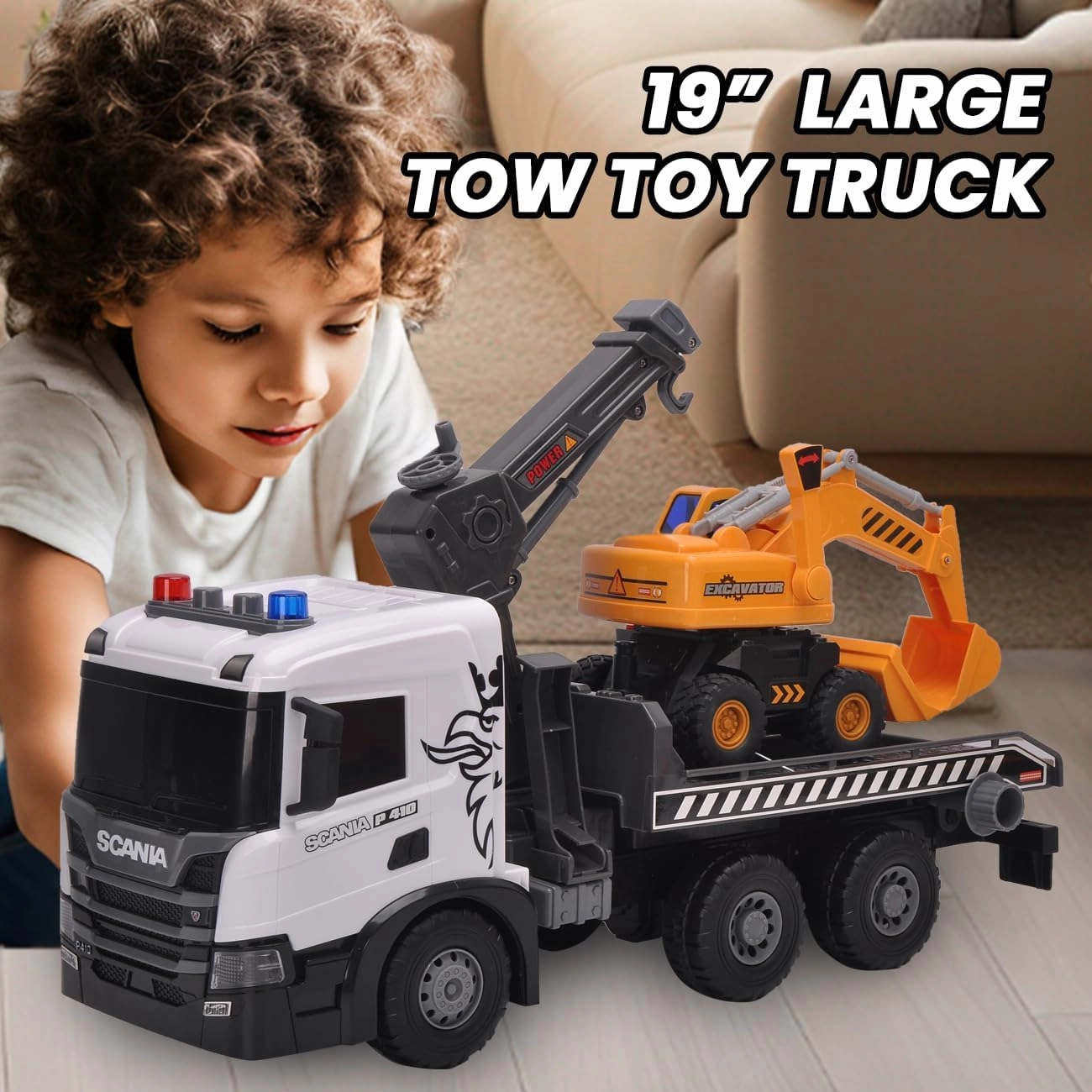 Extra Large Tow Truck Toy, Scania 19“ Friction Powered Transport Truck Crane Vehicle Toy with Excavator Toy, Lights and Sounds, Gifts for Toddler Boys Girls