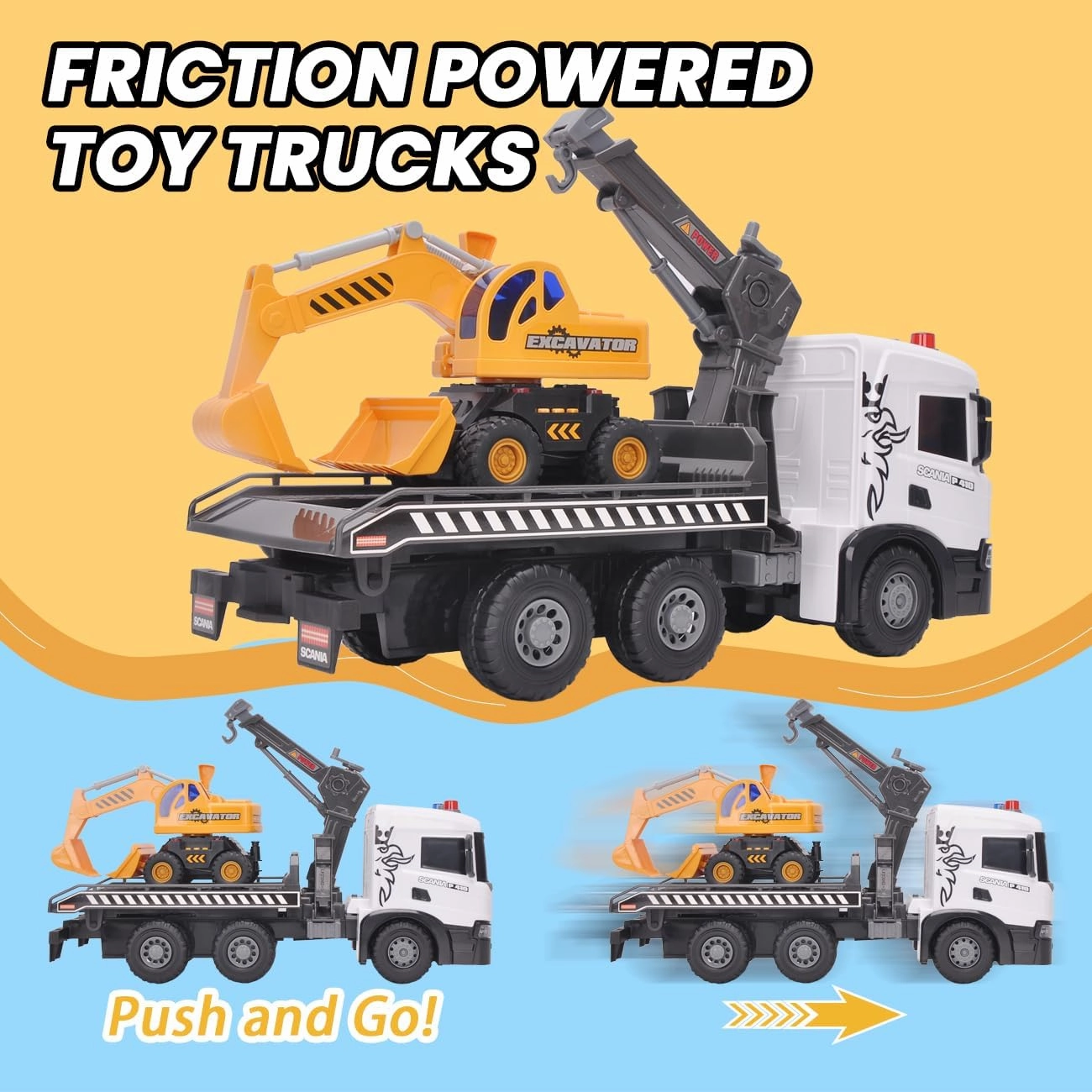 Extra Large Tow Truck Toy, Scania 19“ Friction Powered Transport Truck Crane Vehicle Toy with Excavator Toy, Lights and Sounds, Gifts for Toddler Boys Girls