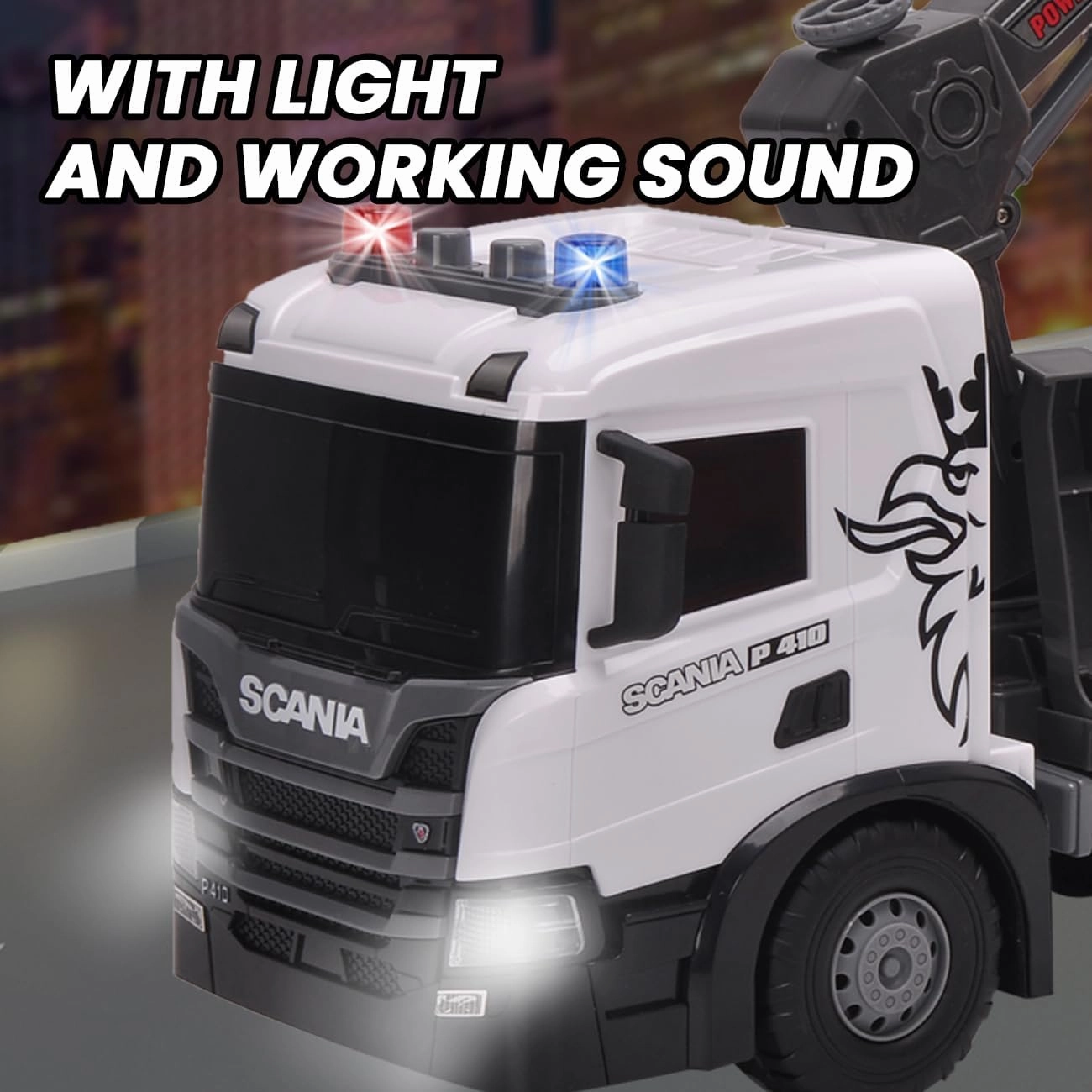 Extra Large Tow Truck Toy, Scania 19“ Friction Powered Transport Truck Crane Vehicle Toy with Excavator Toy, Lights and Sounds, Gifts for Toddler Boys Girls